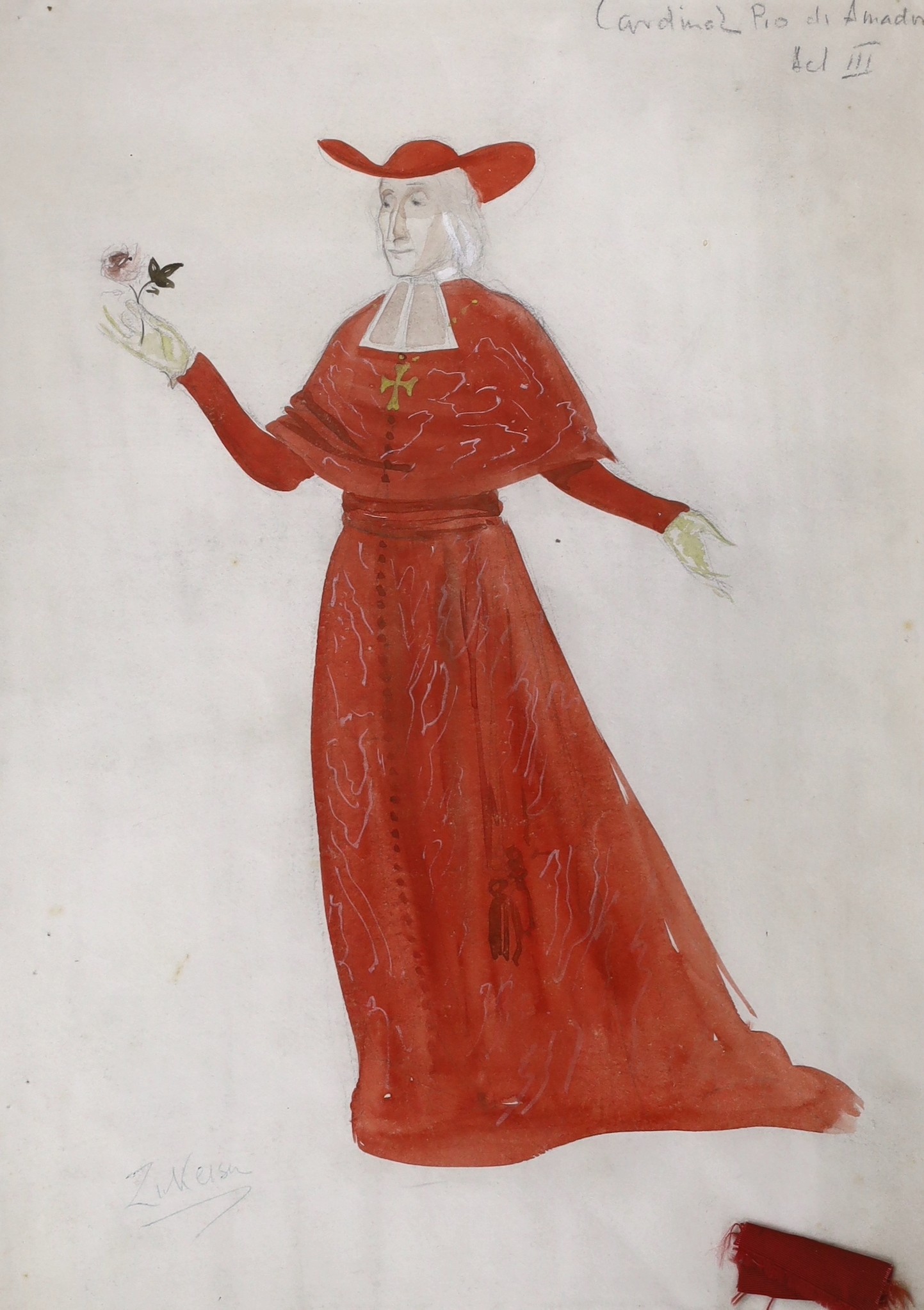 Doris Zinkeisen (1898-1991), pencil and watercolour, Costume design for Cardinal Pio di Amadori in The Little Glass Clock, Aldwych Theatre 1954, signed, 38 x 28cm